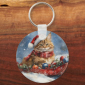 Maine Coon Kat in Sledge Laat het Sneeuw Kerstmis Sleutelhanger (Voorkant)