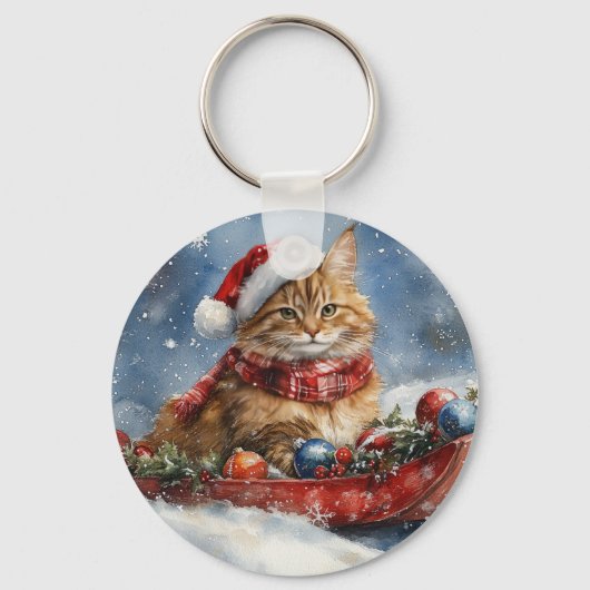 Maine Coon Kat in Sledge Laat het Sneeuw Kerstmis Sleutelhanger (Achterkant)