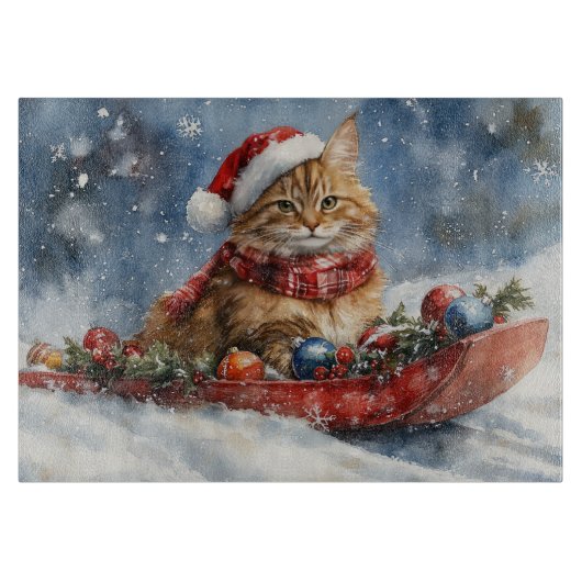Maine Coon Kat in Sledge Laat het Sneeuw Kerstmis Snijplank (Voorkant)