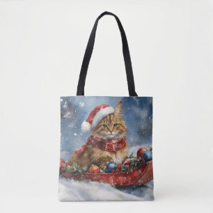 Maine Coon Kat in Sledge Laat het Sneeuw Kerstmis Tote Bag