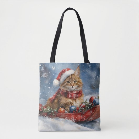 Maine Coon Kat in Sledge Laat het Sneeuw Kerstmis Tote Bag (Voorkant)