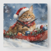 Maine Coon Kat in Sledge Laat het Sneeuw Kerstmis Vierkante Klok (Voorkant)