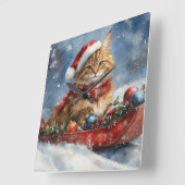Maine Coon Kat in Sledge Laat het Sneeuw Kerstmis Vierkante Klok (Hoek)