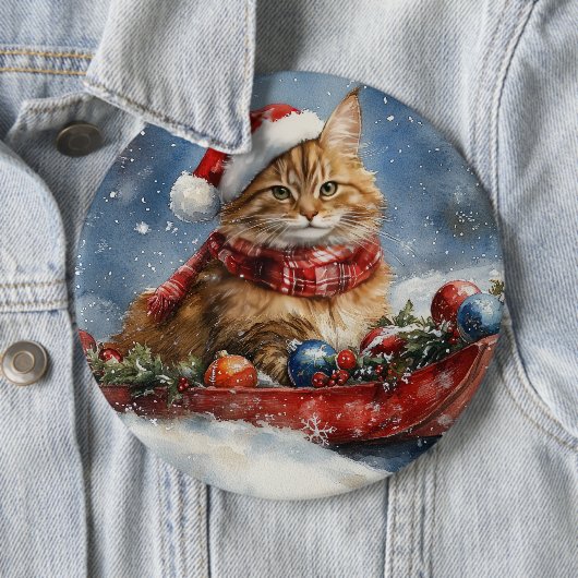 Maine Coon Kat in slee Let it Snow Kerstmis Ronde Button 6,0 Cm (In situ)