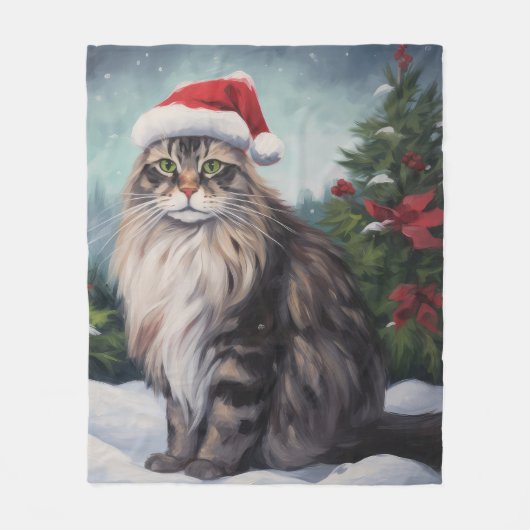 Maine Coon Kat in Sneeuw Kerstmis Fleece Deken (Voorkant)