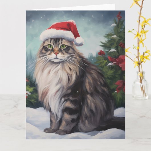 Maine Coon Kat in Sneeuw Kerstmis Kaart (Gele Bloem)