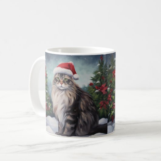 Maine Coon Kat in Sneeuw Kerstmis Koffiemok (Voorkant links)