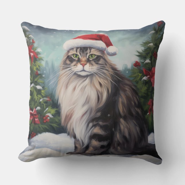 Maine Coon Kat in Sneeuw Kerstmis Kussen (Voorkant)