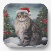 Maine Coon Kat in Sneeuw Kerstmis Papieren Bordje (Voorkant)