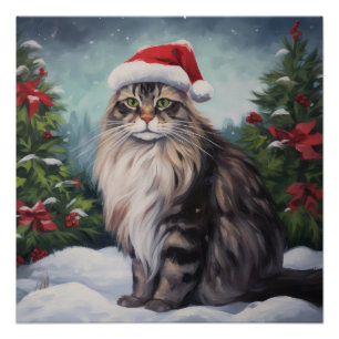Maine Coon Kat in Sneeuw Kerstmis Perfect Poster