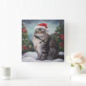 Maine Coon Kat in Sneeuw Kerstmis Vierkante Klok (Huis)