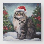 Maine Coon Kat in Sneeuw Kerstmis Vierkante Klok (Voorkant)