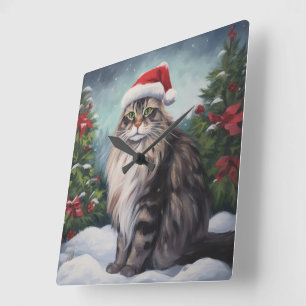 Maine Coon Kat in Sneeuw Kerstmis Vierkante Klok