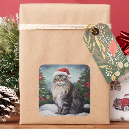 Maine Coon Kat in Sneeuw Kerstmis Vierkante Sticker (Feestdagen)