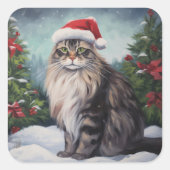 Maine Coon Kat in Sneeuw Kerstmis Vierkante Sticker (Voorkant)