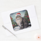 Maine Coon Kat in Sneeuw Kerstmis Vierkante Sticker (Envelop)