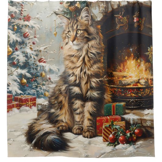 Maine Coon Kat Kerst Douchegordijn (Voorkant)