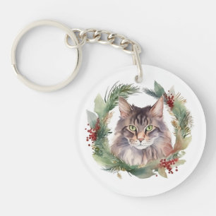 Maine Coon Kat Kerst Krans Festieve Kitten Sleutelhanger