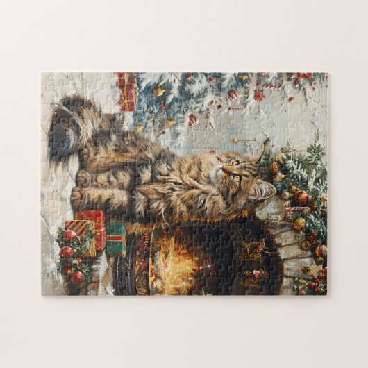 Maine Coon Kat Kerst  Kunst Legpuzzel (Horizontaal)