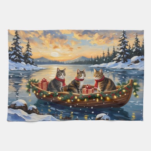 Maine Coon Kat Kerstboot Vakantie Theedoek (Horizontaal)