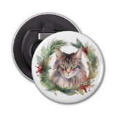 Maine Coon Kat Kerstkrans Feestelijke Kitten Button Flesopener (Voorkant)