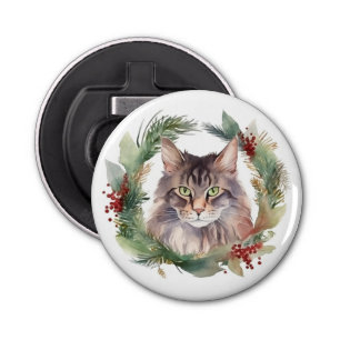 Maine Coon Kat Kerstkrans Feestelijke Kitten Button Flesopener
