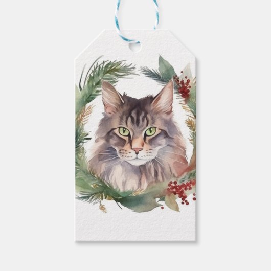 Maine Coon Kat Kerstkrans Feestelijke Kitten Cadeaulabel (Voorkant)