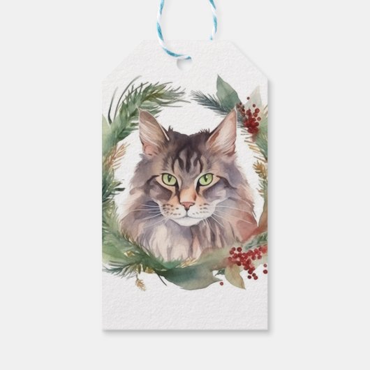 Maine Coon Kat Kerstkrans Feestelijke Kitten Cadeaulabel (Achterkant)