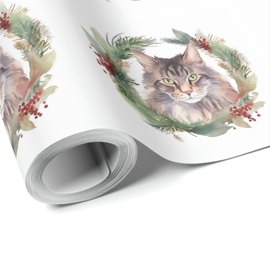 Maine Coon Kat Kerstkrans Feestelijke Kitten Cadeaupapier (Rol Hoek)