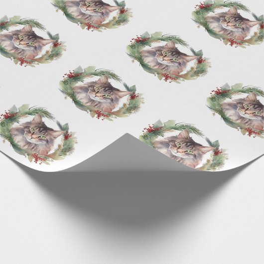Maine Coon Kat Kerstkrans Feestelijke Kitten Cadeaupapier (Hoek)