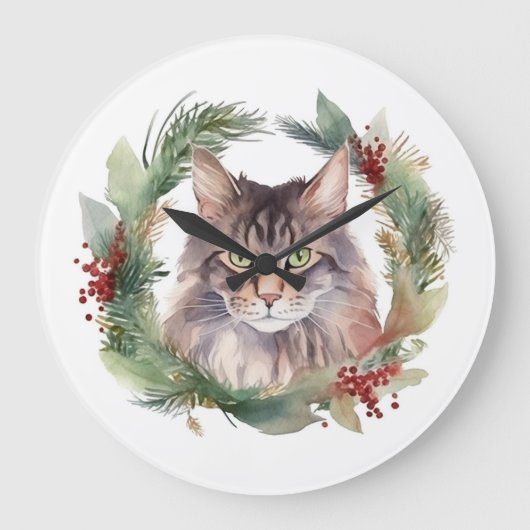 Maine Coon Kat Kerstkrans Feestelijke Kitten Grote Klok (Voorkant)