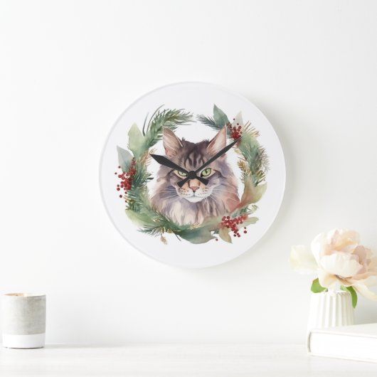 Maine Coon Kat Kerstkrans Feestelijke Kitten Grote Klok (Huis)