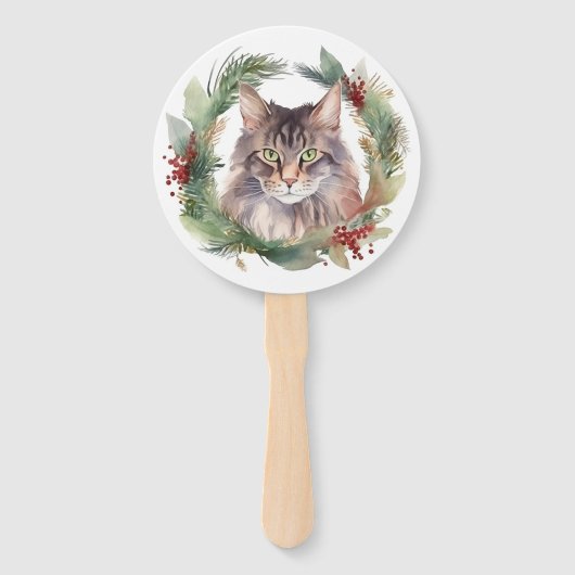 Maine Coon Kat Kerstkrans Feestelijke Kitten Handwaaier (Voorkant)