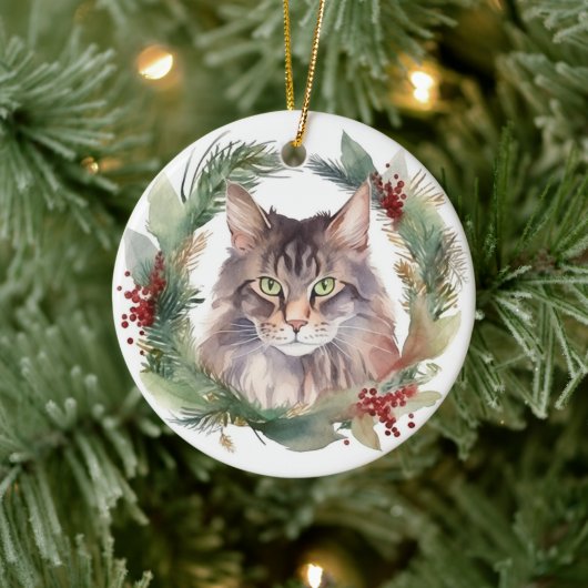 Maine Coon Kat Kerstkrans Feestelijke Kitten Keramisch Ornament (Boom)