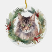 Maine Coon Kat Kerstkrans Feestelijke Kitten Keramisch Ornament (Voorkant)