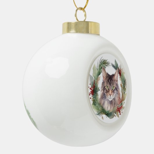 Maine Coon Kat Kerstkrans Feestelijke Kitten Keramische Bal Ornament (Links)