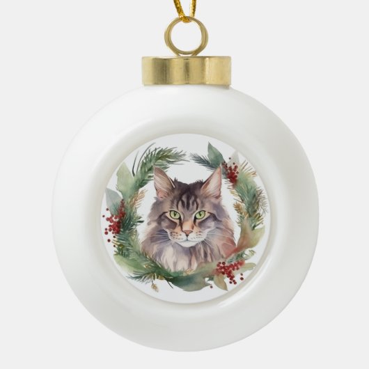 Maine Coon Kat Kerstkrans Feestelijke Kitten Keramische Bal Ornament (Voorkant)