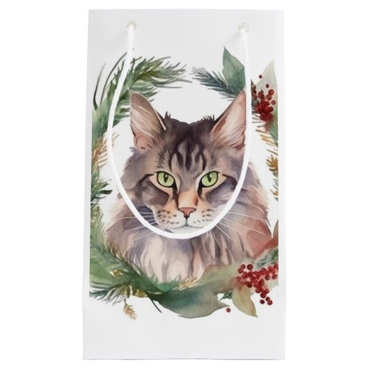 Maine Coon Kat Kerstkrans Feestelijke Kitten Klein Cadeauzakje (Voorkant)