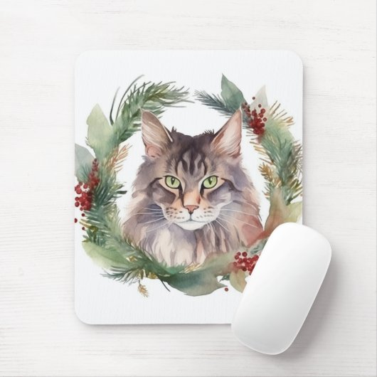 Maine Coon Kat Kerstkrans Feestelijke Kitten Muismat (Met muis)