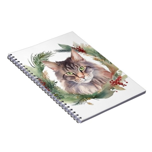 Maine Coon Kat Kerstkrans Feestelijke Kitten Notitieboek (Rechterzijde)