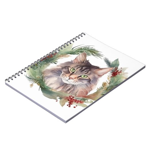Maine Coon Kat Kerstkrans Feestelijke Kitten Notitieboek (Linkerzijde)