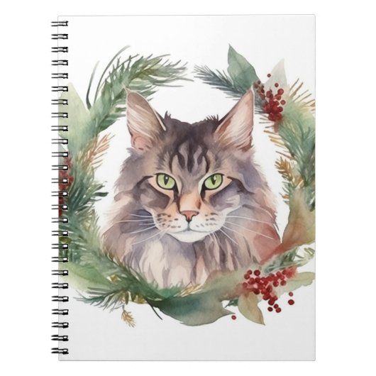 Maine Coon Kat Kerstkrans Feestelijke Kitten Notitieboek (Voorkant)