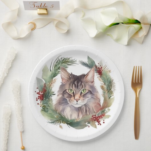 Maine Coon Kat Kerstkrans Feestelijke Kitten Papieren Bordje (Huwelijk)