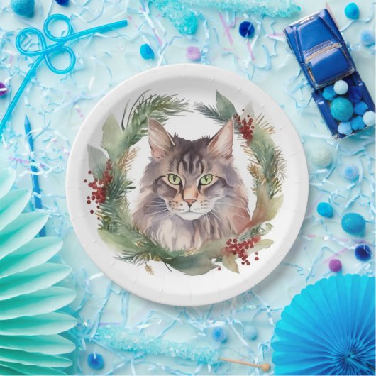 Maine Coon Kat Kerstkrans Feestelijke Kitten Papieren Bordje (Feest)