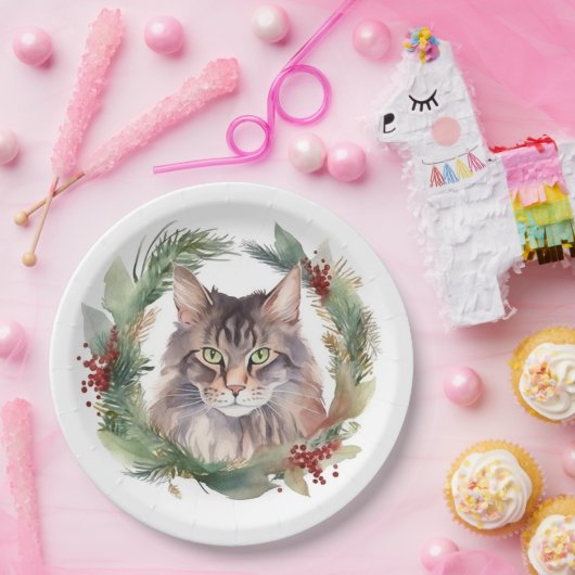 Maine Coon Kat Kerstkrans Feestelijke Kitten Papieren Bordje (Feest)