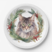 Maine Coon Kat Kerstkrans Feestelijke Kitten Papieren Bordje (Voorkant)