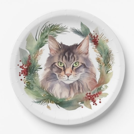 Maine Coon Kat Kerstkrans Feestelijke Kitten Papieren Bordje (Voorkant)