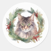 Maine Coon Kat Kerstkrans Feestelijke Kitten Ronde Sticker (Voorkant)
