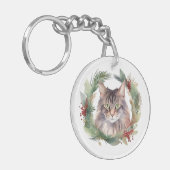 Maine Coon Kat Kerstkrans Feestelijke Kitten Sleutelhanger (Voorkant Links)