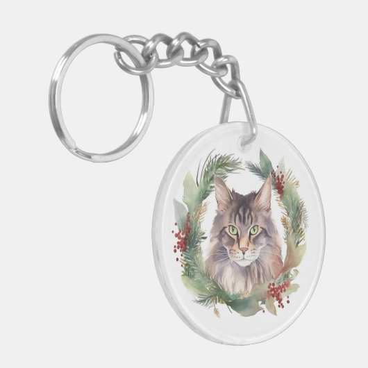 Maine Coon Kat Kerstkrans Feestelijke Kitten Sleutelhanger (Voorkant Links)